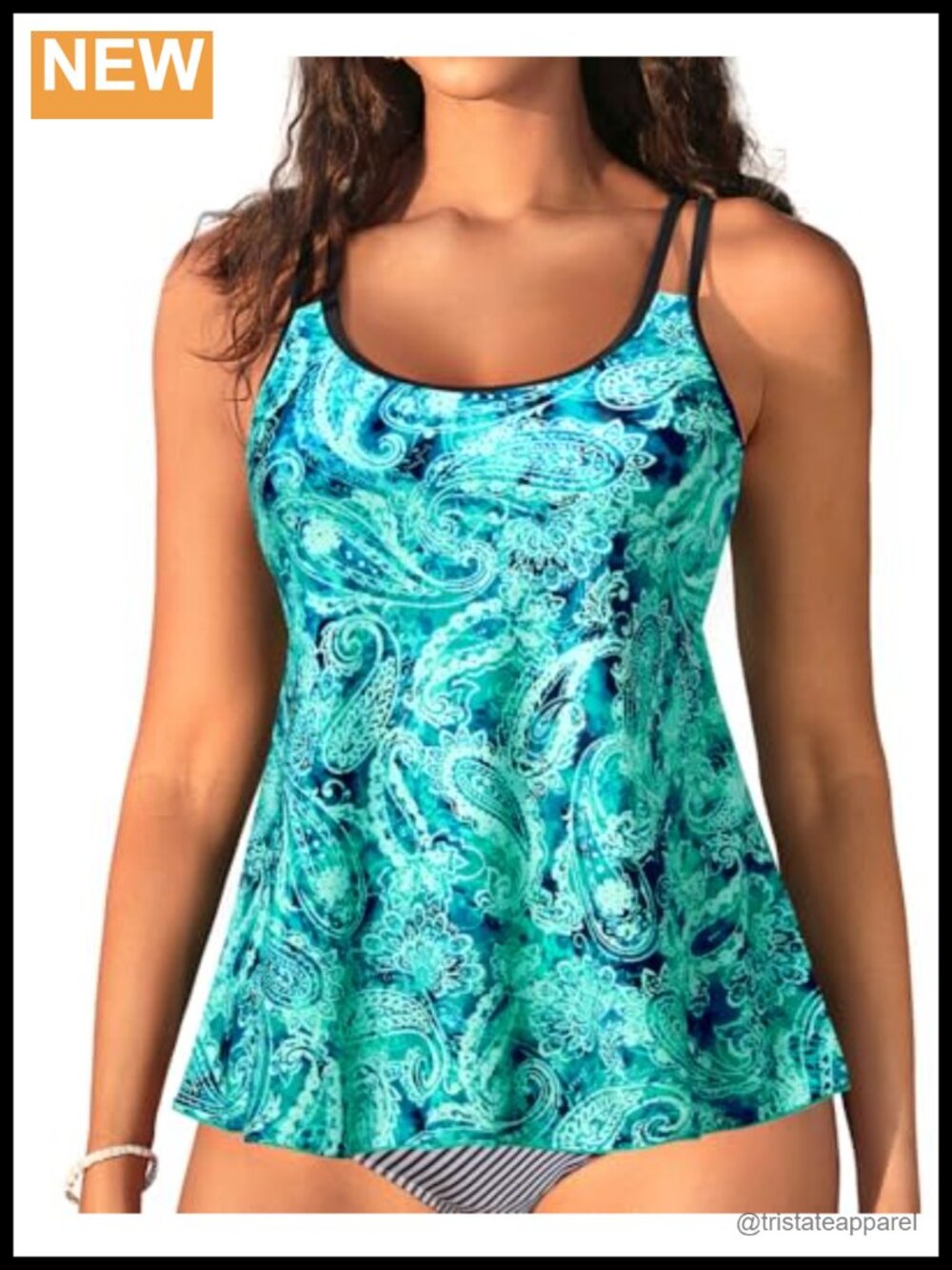 Flowy Tankini Top Only U Neck Adjustable Straps Removable Pads Swimwear